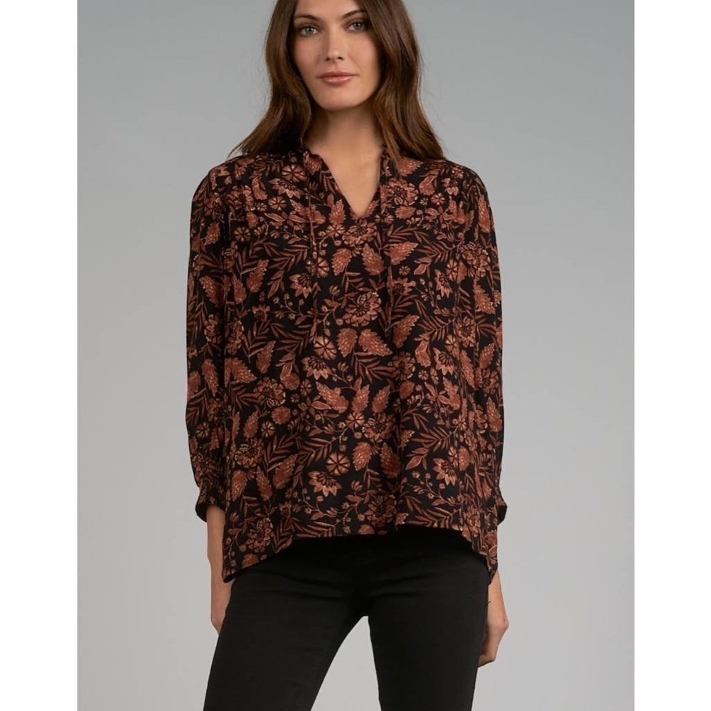 Elan Bohemian Leaf Print Floral Longsleeve Blouse